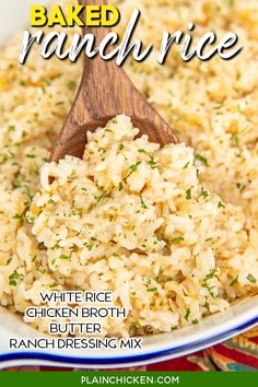 baked ranch rice in a white bowl with a wooden spoon and text overlay that reads baked ranch rice