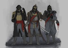 three men dressed in medieval clothing with swords