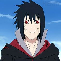 an anime character with black hair and red eyes wearing a hoodie looking at the camera