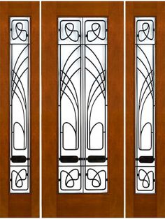 thermaic doors are made from wood and glass with decorative designs on each side