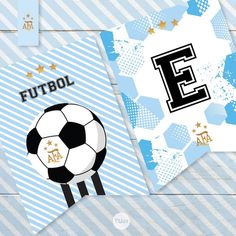 two soccer cards with the letter e and a ball on them, one is for futbol