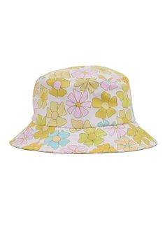 Surfy Birdy daydreamed this retro floral print just for Seaesta Surf. This bucket hat was designed in collaboration with our artist friend Rachel Dejohn aka Surfy Birdy. Seaesta Surf kids bucket hats are earth and performance conscious, featuring eco-friendly fabrics and a full brim to keep your kiddos covered while they play. Our kids bucket hats are consciously made from recycled fabric. Designed in sunny Southern California for the kids who live to surf, eat, nap. Retro Spring Bucket Hat With Curved Brim, Multicolor Flat Brim Bucket Hat For Spring, White Retro Bucket Hat With Curved Brim, Retro Beach Bucket Hat With Short Brim, Retro Wide Brim Bucket Hat, Retro Summer Sun Hat, Retro Spring Sun Cap, Retro Short Brim Bucket Hat For Beach, Retro Short Brim Bucket Hat For The Beach