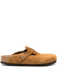 camel brown suede round open toe logo-engraved buckle-strap fastening branded cork footbed flat rubber sole bronze-tone hardware Birkenstock Mules, Fur Parka, Bag Suitcase, Suede Mules, Birkenstock Boston, Blouse Outfit, Mule Clogs, Mules Shoes, Brown Suede