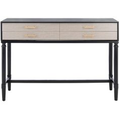 an elegant console table with two drawers and gold handles on the bottom, black legs