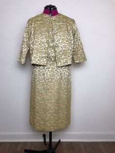 Vintage gold brocade silk with matching jacket. Designer: Lady Carol of New York Hoco Dress, Gold Jacket, 1960s Dress, Gold Brocade, 1960's Dress, Hoco Dresses, Dress Clothes For Women, Vintage Gold, Labour Day