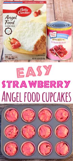 easy strawberry angel food cupcakes recipe with an image of the inside and outside