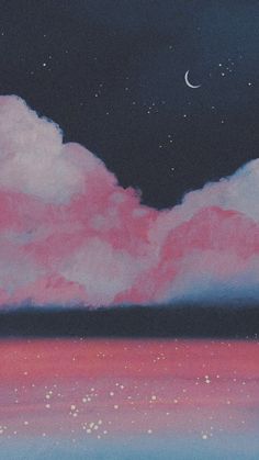 a painting of pink clouds and the moon in the night sky over a body of water