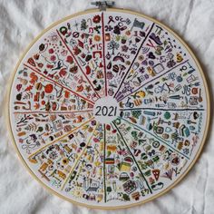 a cross stitch pattern with numbers and symbols on it in a circular frame, sitting on top of a white sheet