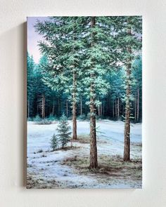 a painting of trees in the middle of a snowy field with snow on the ground