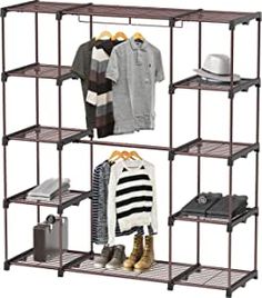 three tiered shelving unit with clothes and shoes