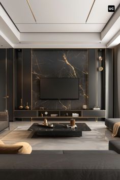 an elegant living room with black and gold accents, marbled walls and flooring