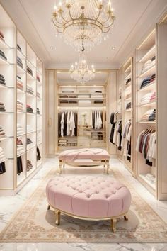 a walk - in closet with chandelier, pink bench and clothes on shelves