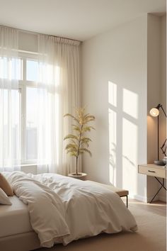 Minimalist bedroom showcasing thoughtful lighting design and natural light