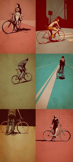 multiple images of people riding bicycles in different colors