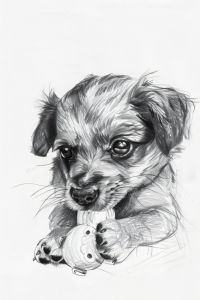 a black and white drawing of a small dog holding a toy in it's paws