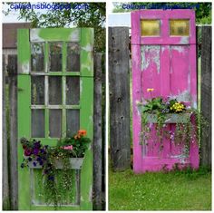 two pictures of an old door with flowers growing out of it