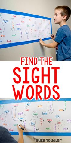 two children writing on a whiteboard with the words find the sight words written below