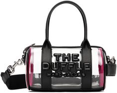 Transparent PVC duffle bag. · Buffed leather trim in black throughout · Twin rolled carry handles · Logo and text embossed at face · Logo patch at back face · Zip closure · Unlined · H5.5 x W7.5 x 4.5 Supplier color: Black Black Top Handle Satchel With Logo, Black Leather Satchel With Logo, Black Rectangular Satchel With Logo, Black Duffle Bag With Detachable Handle For On-the-go, Black Duffle Bag With Top Carry Handle For Shopping, Baddie Purses, Cute Hand Bags, Mini Duffle Bag, Trendy Purses