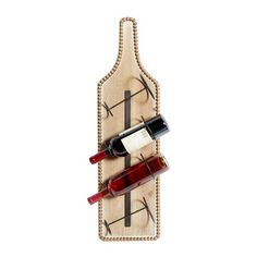 a wooden wine rack with three bottles of wine