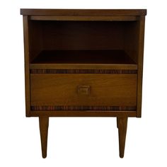 a wooden night stand with two drawers on one side and an open drawer on the other