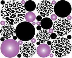 black and white circles with purple balls in the center, on a leopard print background