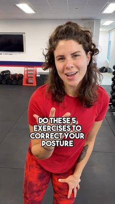 a woman in red shirt and leggings pointing at the camera with words above her