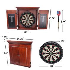 a dart cabinet with darts in it and an american flag on the wall