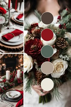 the table is set with red and white flowers, pine cones, greenery, candles, and plates