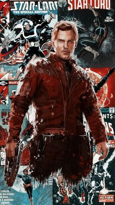 the poster for star - lord is shown in red and black