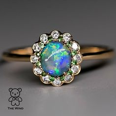 Halo Diamond Australian Semi-Black Opal Tsavorite Engagement Ring-1 Tsavorite Engagement Ring, Opal Diamond Engagement Ring, Gold Opal Engagement Ring, Solid Opal Ring, Black Opal Jewelry, Opal Promise Ring, Opal Engagement Rings, Opal Wedding Band, Emerald Ring Engagement Diamond