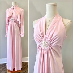 Fabulous vintage 1970s pink dress and jacket set!! So many gorgeous thoughtful details including a gathered diamond waist, beaded flower appliqué, frilled jacket, and tied bow. Jacket also has hook and eye at top. Wonderful condition besides maybe needing to be steamed (I was excited to post this).  Measures 13.5"-16" across the waist and 16"-20.5" across the bust, stretched to unstretched, measured flat, doubled for full. Can fit sizes S-M. P.S. I have another super similar vintage dress set on my profile!! ☆ Disclaimer ☆ Vintage items are preloved and may exhibit signs of wear and tear consistent with their age and history. We do our best to examine and describe any flaws or issues noted in the garment. If you have any questions or require additional information about a particular item, Bow Jacket, Dress And Jacket Set, Dress And Jacket, 1970s Fashion, Dress Set, 70s Fashion, Vintage Dress, Dress Clothes For Women, Vintage 1970s