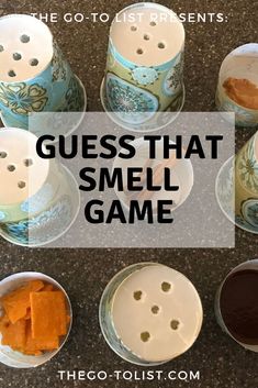 there are several cups that have some food in them on the table with text overlay reading guess that smell game