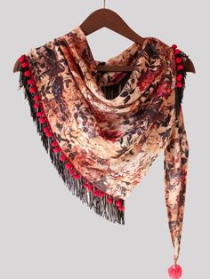 Vintage Red Black digital printed Triangle Scarf By Mesmora now available at Trendroots Wedding Silk Saree, Stole Scarf, Triangle Scarf, Designer Scarves, Silk Sarees Online, Black Fringe, Cotton Scarf, Scarfs, Scarf Print