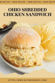 Creamy shredded chicken on a sofy bakery bun on a white plate with a side of potato chips Ball Park Shredded Chicken Sandwiches, Sloppy Chicken Sandwiches Crock Pot, Creamed Chicken Sandwiches Crockpot, Turkey Supreme Sandwiches, Ohio Creamed Chicken Sandwiches, Creamy Chicken Sandwiches Crockpot, Chicken And Cheese Sandwich, Easy Crockpot Sandwich Recipes, Ohio Chicken Sandwich