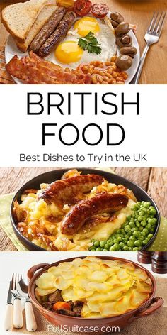 the british food is on display in this image and there are two pictures above it