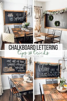 a collage of photos with chalkboard lettering on the wall and chairs around it