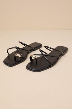 From the resort to the sand, prepare to be the most stylish vacay cutie thanks to the Darian Black Strappy Slide Sandals! Smooth faux leather shapes these chic sandals that feature a single sole silhouette, a network of slender rounded straps, and trendy toe loop adorned with a shiny, gold-toned metal accent. The simple, slide-on design makes for quick and convenient styling! 0. 5" rubber heel. Lightly cushioned smooth insole. Rubber sole has nonskid markings. Man made materials. Imported. Lulus Sandals Strappy, Chic Sandals, Sandal Heels, Rubber Heels, Metallic Accents, The Sand, Gold Tone Metal, Slide Sandals, Black Sandals