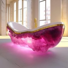 a bathtub that is sitting in the middle of a room with bright lights on it