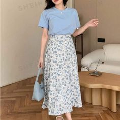 Boho Style Women Two-Piece Set, 95% Cotton,5% Elastane, Midi Length Cute Outfits With Maxi Skirts, Boho Chic Womens Fashion, Blue Floral Midi Skirt Outfit, Modest Bday Outfit, Casual Spring Skirt Outfits, How To Style A Floral Skirt, Boho Womens Outfits, Comfy Modest Outfits, Vatican Outfit