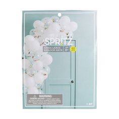 the package is filled with white balloons and hanging from it's front door, which reads spritz