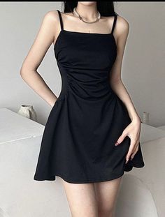 #dress #dressing #aesthetic #1 #fashion Black Spaghetti Strap Dress Casual, A Line Dress Casual Simple, Simple Black Dress Casual, Simple Mini Dress, Strech Dresses, Black Plain Dress, Casual Sundress, Trendy Summer Outfits, Sleeveless Mini Dress