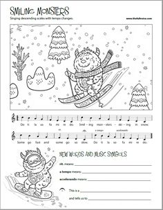 a music sheet with an image of a monster on skis and snowflakes