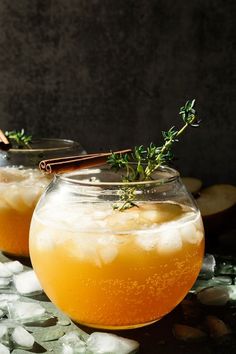 two glasses filled with liquid and garnished with herbs