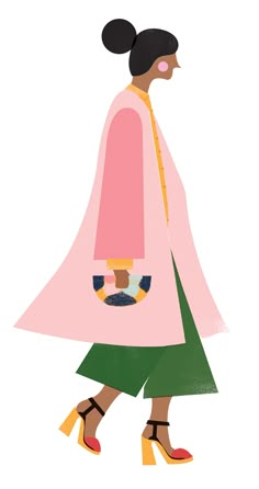 a woman in a pink coat and green skirt is walking with her hand on her hip