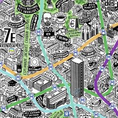 a black and white city map with lots of different things in the middle of it