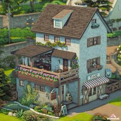 an animated house is shown in the middle of a small town with lots of trees and flowers