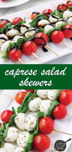 caprese salad skewers with tomatoes, mozzarella and basil on them