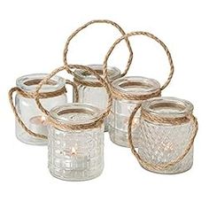 glass jars with rope wrapped around them on a white background, set of 8 pieces