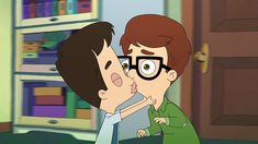 two cartoon characters are kissing in front of a book shelf with books on it and one is wearing glasses