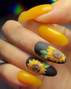 Image edited by AirBrush App. Beautiful yellow nails matching black nails with beautiful yellow sunflowers designs. #nails #nailart #nailsart #gelnails #nailsalon #acrylicnails #nailsoftheday #nailstyle #lovenails #nailsinspire #nailsaddict #photoeditor #filter #airbrush #retouch Black Nails Sunflower, Black And Yellow Sunflower Nails, Sunflower Yellow Hair, Black And Sunflower Nails, Black Nails With Sunflower Design, Fall Nails With Yellow, Black Nails With Sunflower, Yellow Nails With Sunflower, Nails Sunflower Design